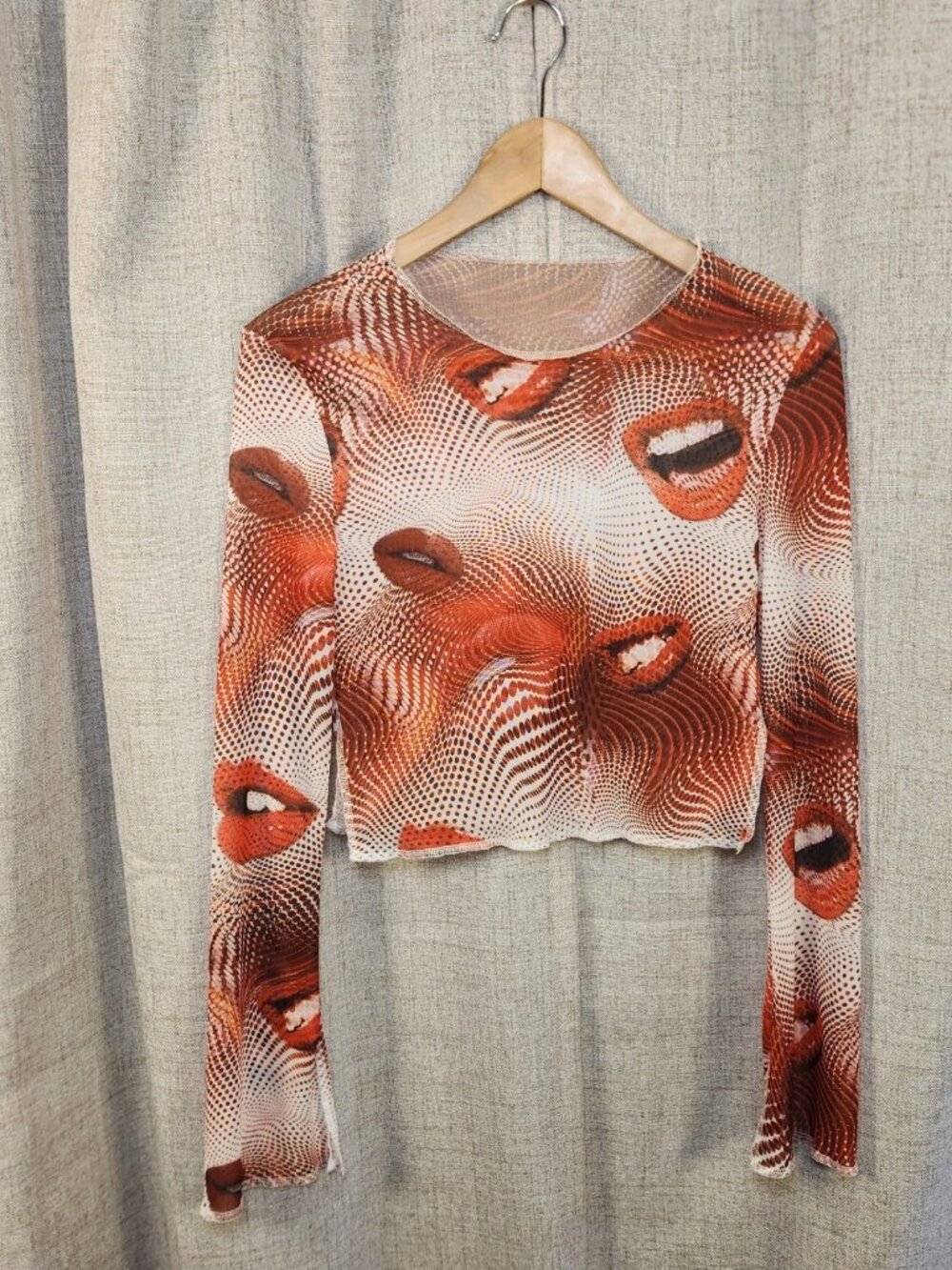 Shein Sheer Crop Top Women's S Red Lips Long Sleeve Round Neck Side Slits